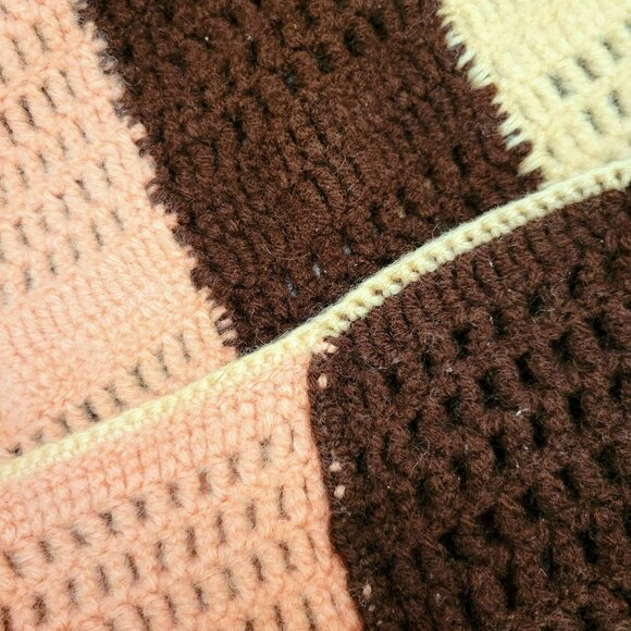 Vintage Crochet Afghan Blanket With Pink, Cream & Brown Stripes Handmade Throw - Picture 6 of 7